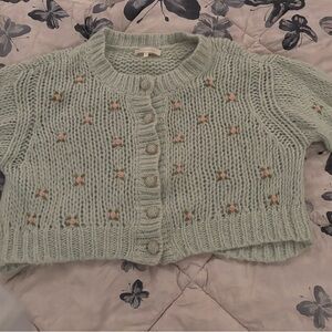 Love shack Fancy Emilie Mint Green Knit Cardigan Sweater